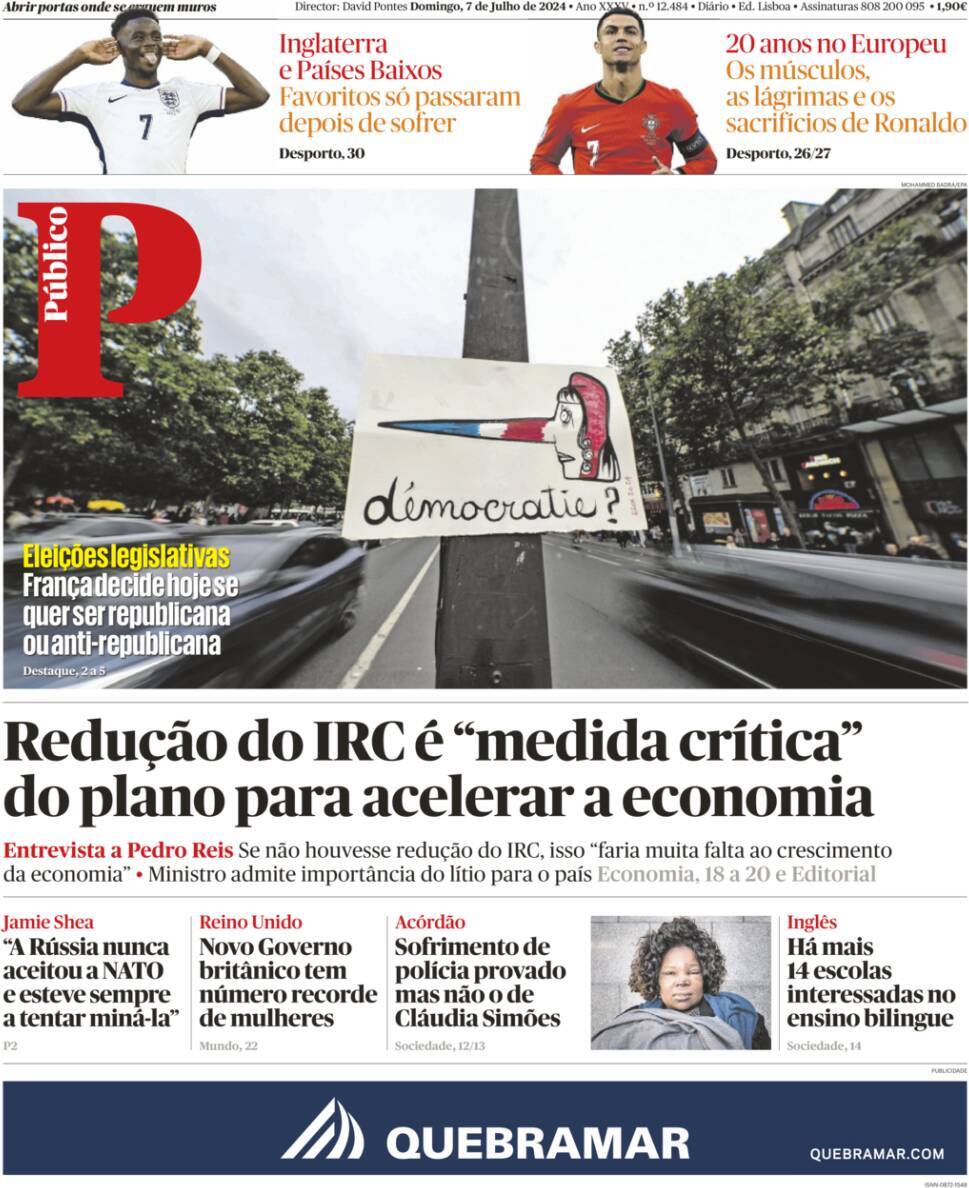 P&uacute;blico: Capa da Edi&ccedil;&atilde;o de domingo, 07 de julho 2024