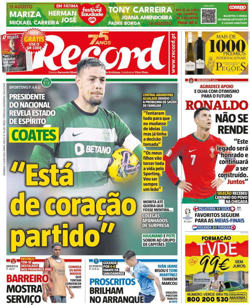 Record: Capa da Edi&ccedil;&atilde;o de domingo, 07 de julho 2024
