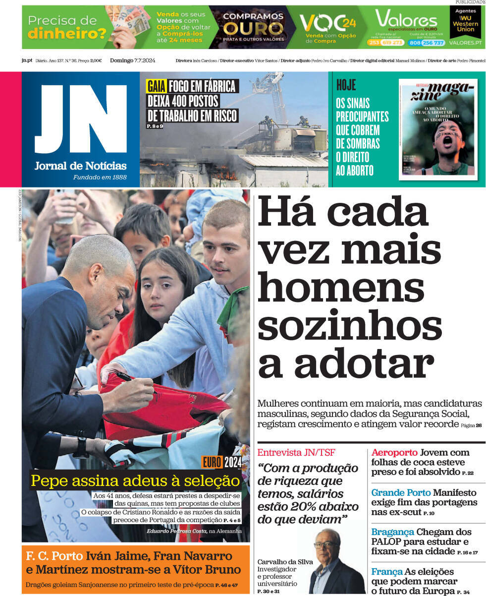 Jornal de Not&iacute;cias: Capa da Edi&ccedil;&atilde;o de domingo, 07 de julho 2024