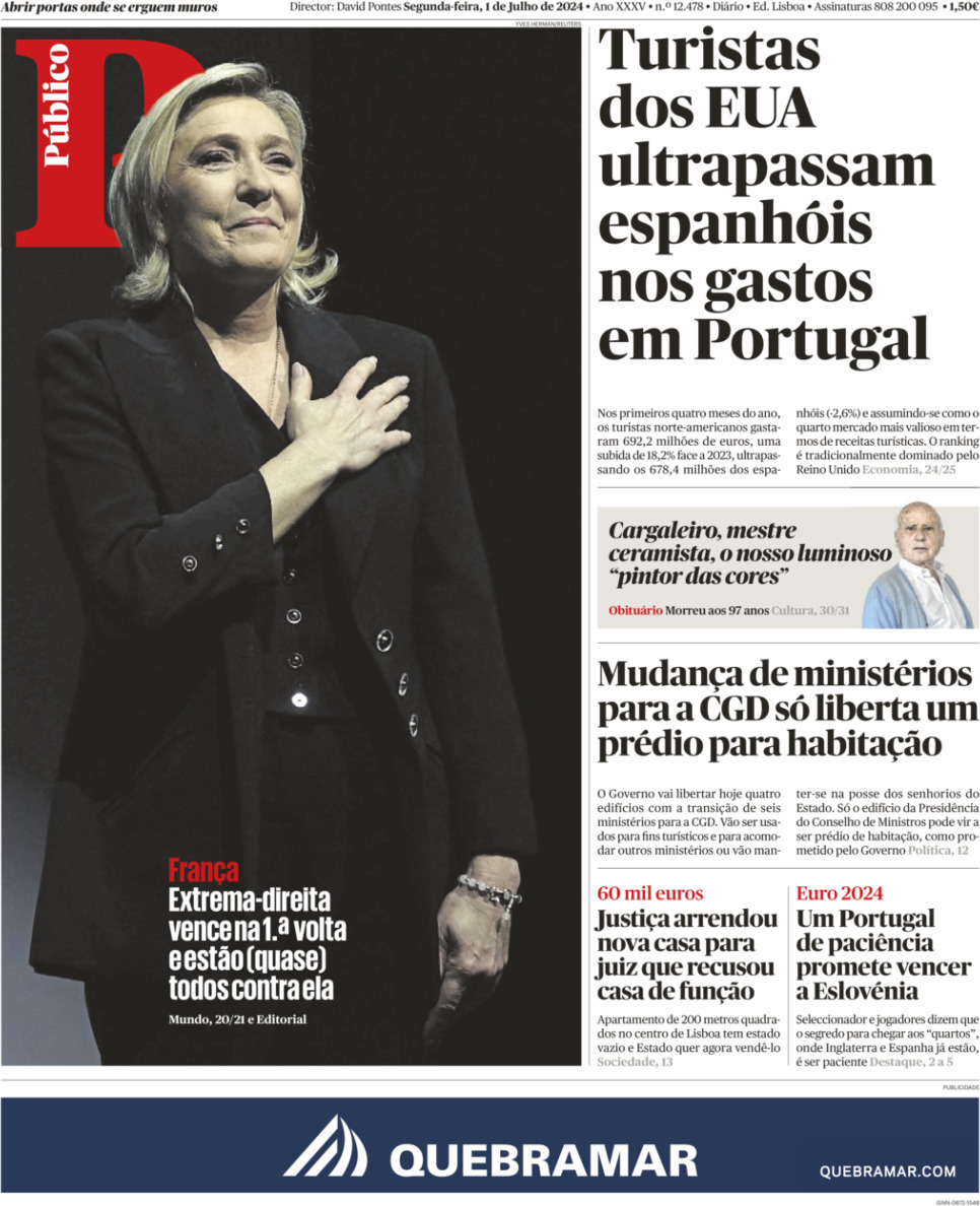 P&uacute;blico: Capa da Edi&ccedil;&atilde;o de segunda-feira, 01 de julho 2024