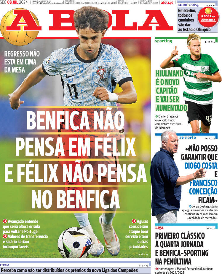 A Bola: Capa da Edi&ccedil;&atilde;o de segunda-feira, 08 de julho 2024