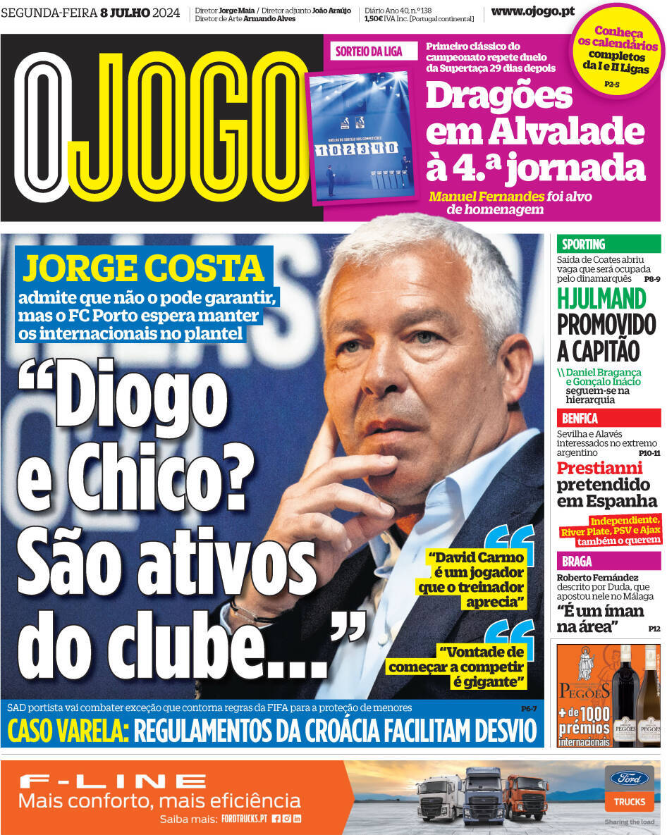 O Jogo: Capa da Edi&ccedil;&atilde;o de segunda-feira, 08 de julho 2024