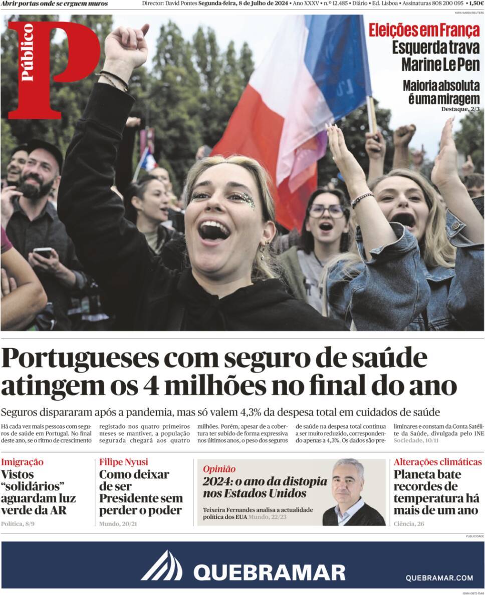 P&uacute;blico: Capa da Edi&ccedil;&atilde;o de segunda-feira, 08 de julho 2024