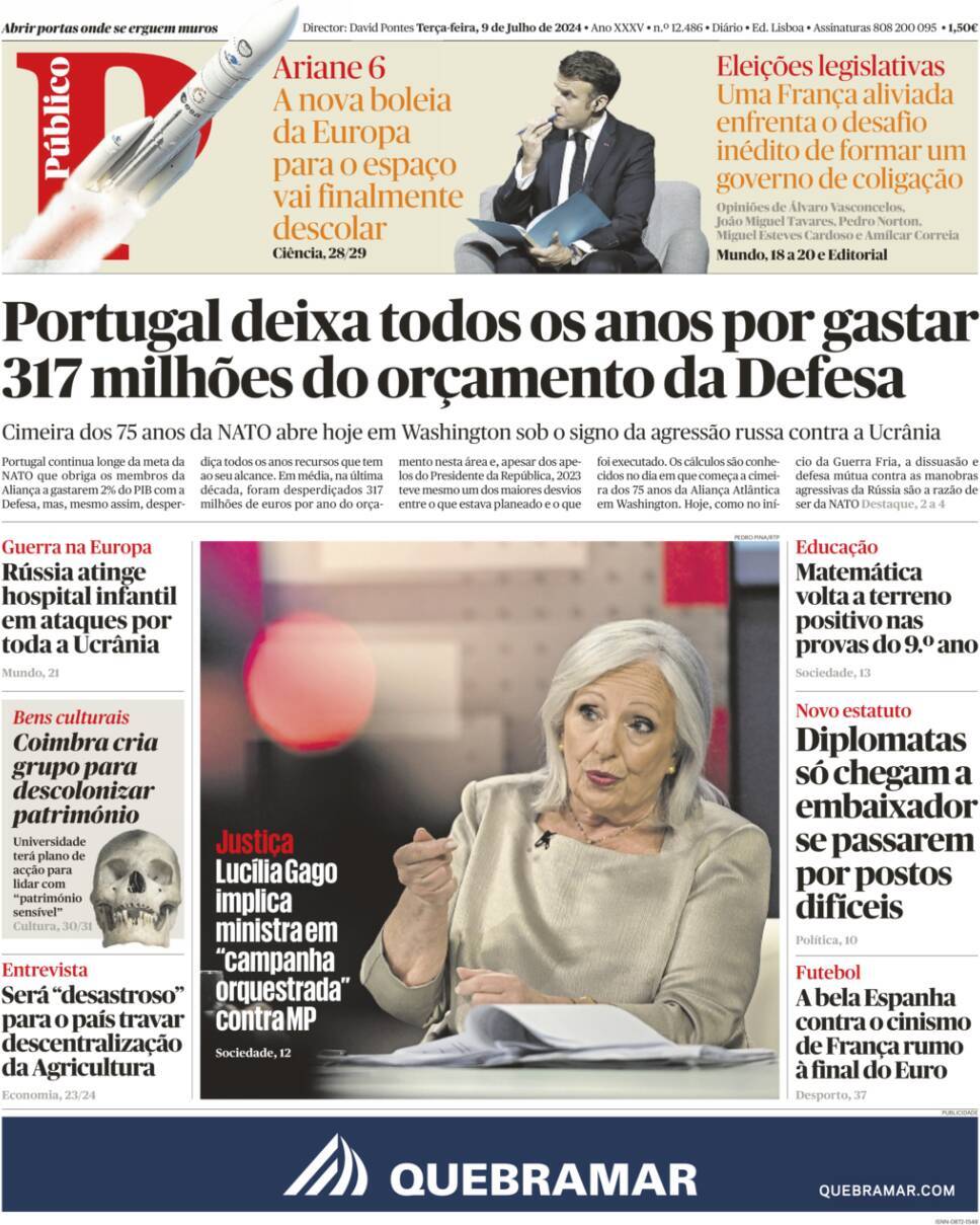 P&uacute;blico: Capa da Edi&ccedil;&atilde;o de ter&ccedil;a-feira, 09 de julho 2024