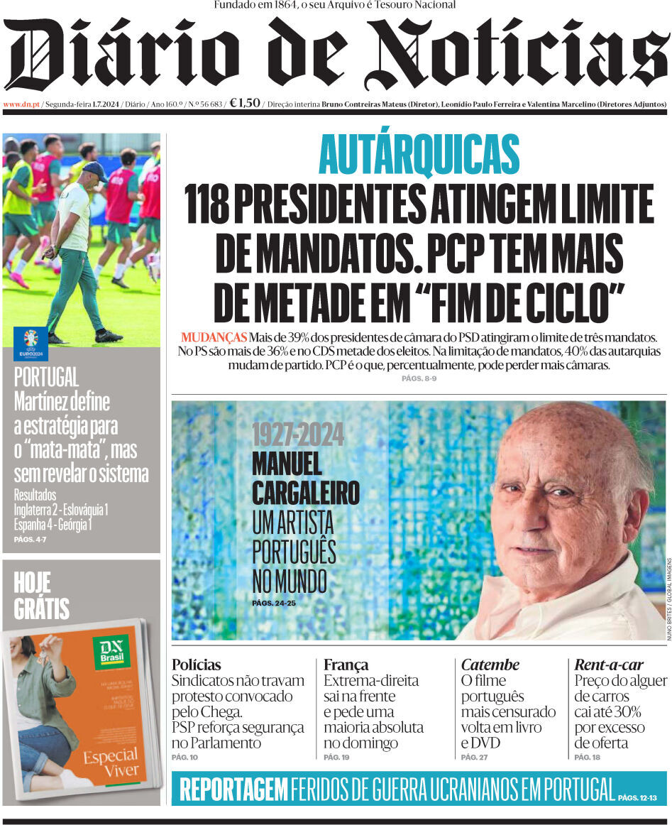 Di&aacute;rio de Not&iacute;cias: Capa da Edi&ccedil;&atilde;o de segunda-feira, 01 de julho 2024