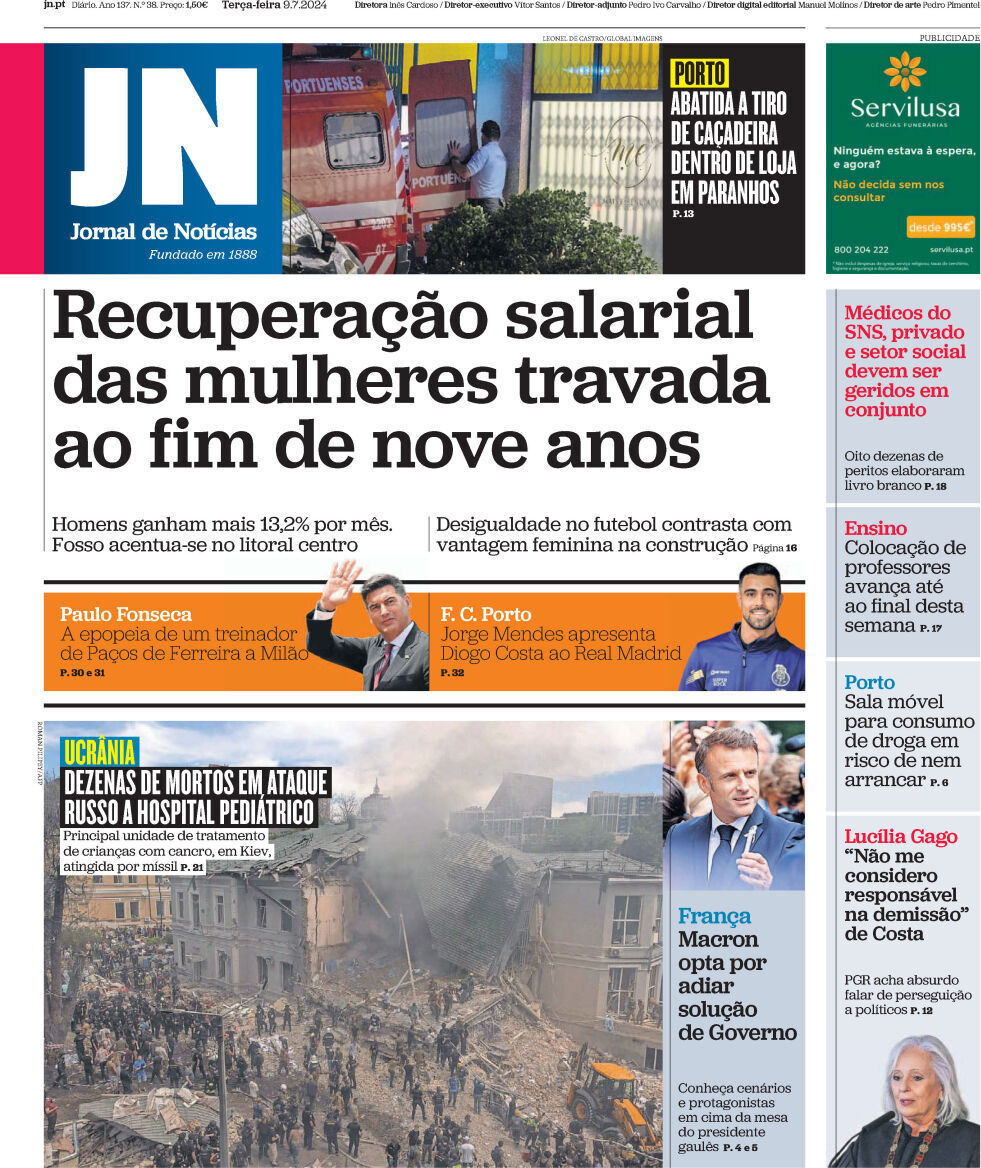 Jornal de Not&iacute;cias: Capa da Edi&ccedil;&atilde;o de ter&ccedil;a-feira, 09 de julho 2024