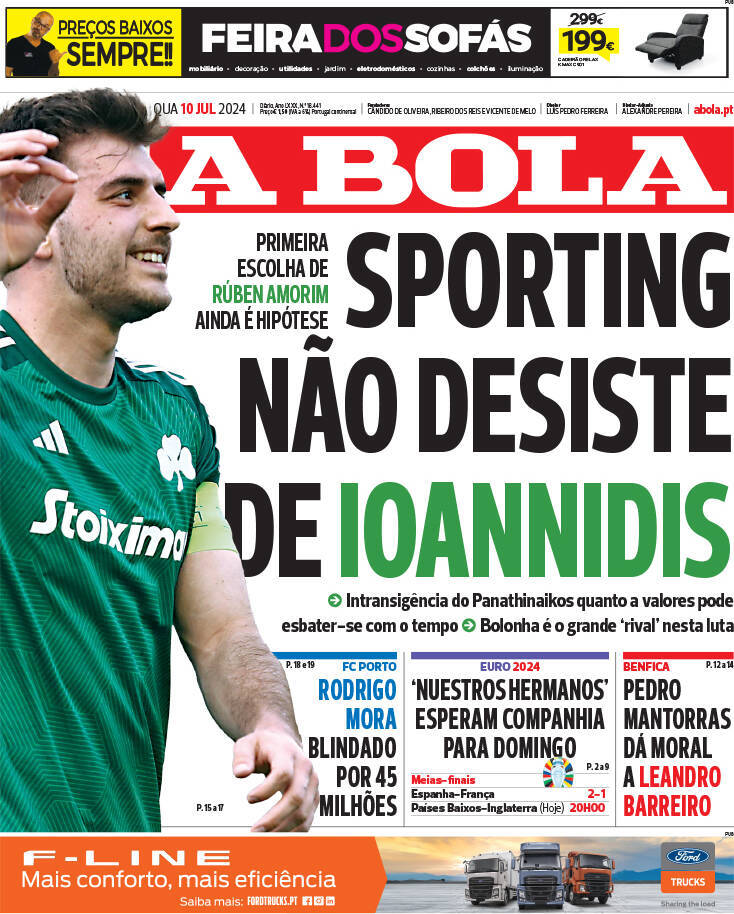 A Bola: Capa da Edi&ccedil;&atilde;o de quarta-feira, 10 de julho 2024