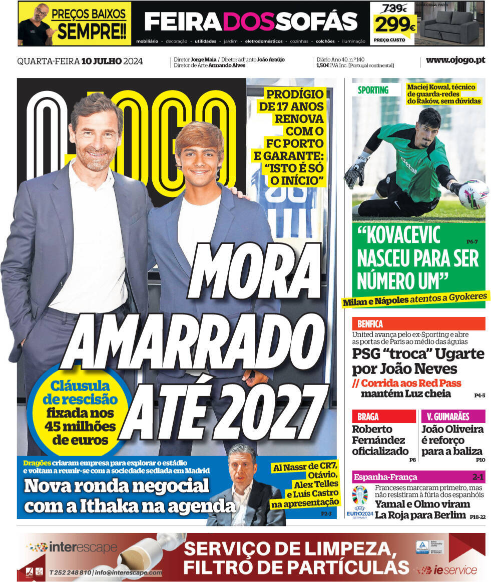 O Jogo: Capa da Edi&ccedil;&atilde;o de quarta-feira, 10 de julho 2024