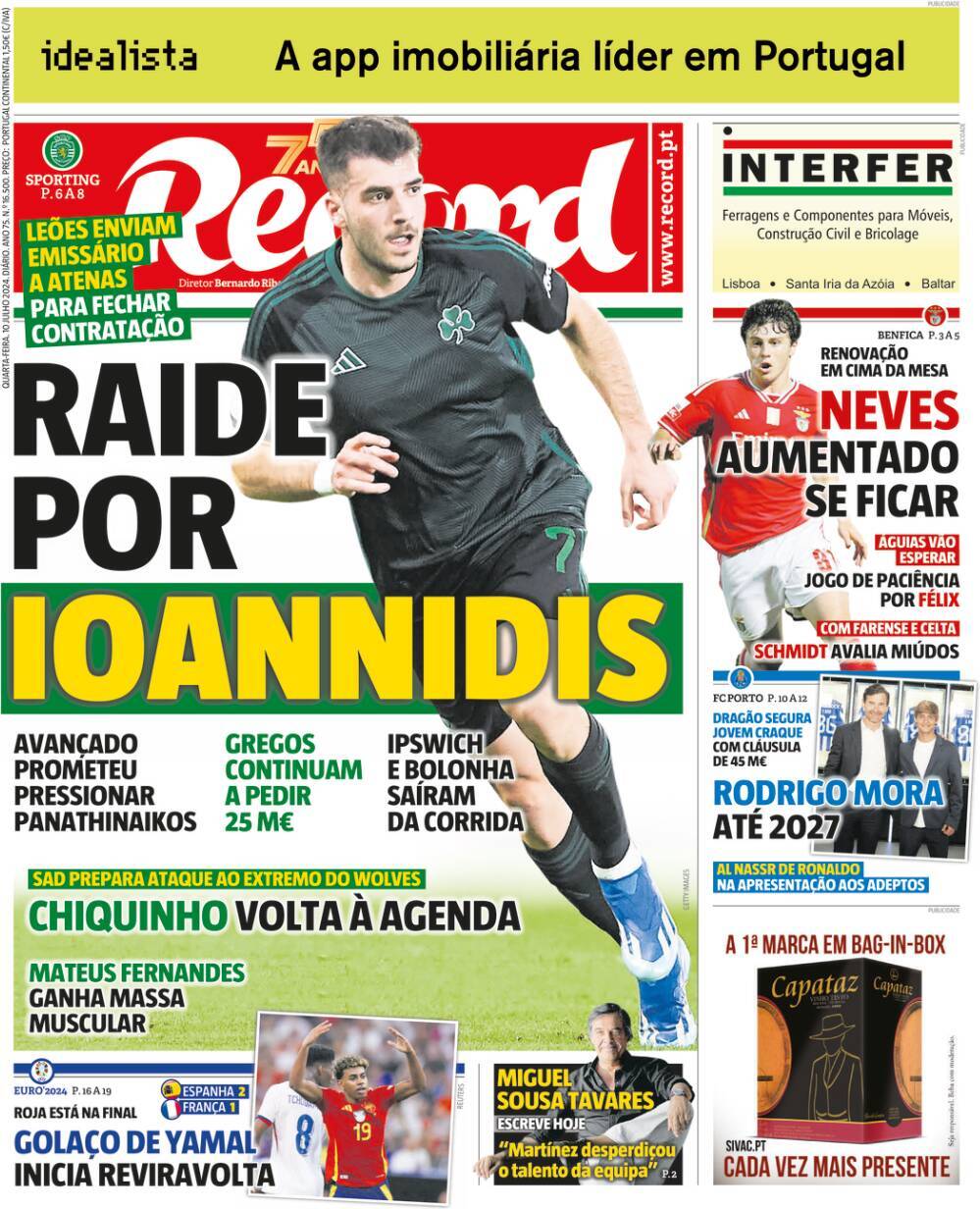 Record: Capa da Edi&ccedil;&atilde;o de quarta-feira, 10 de julho 2024