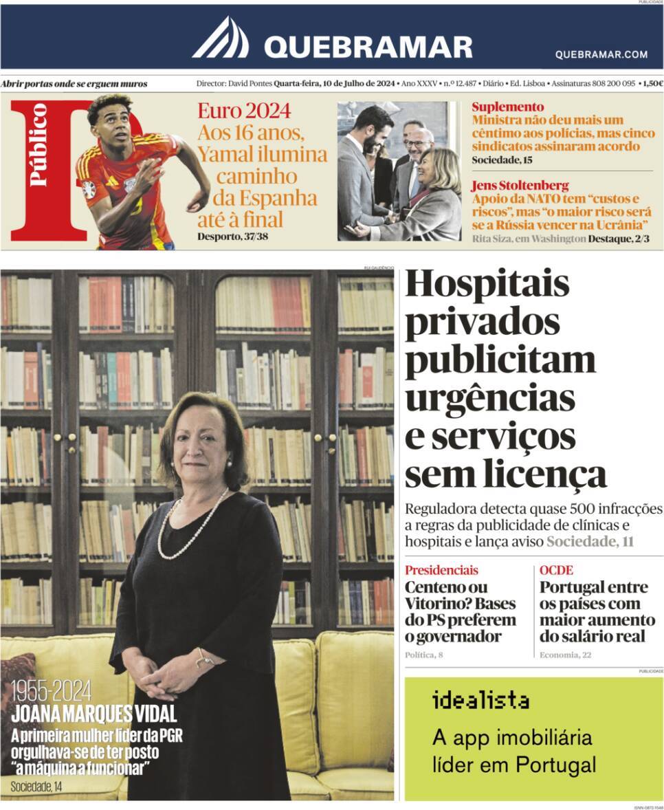 P&uacute;blico: Capa da Edi&ccedil;&atilde;o de quarta-feira, 10 de julho 2024