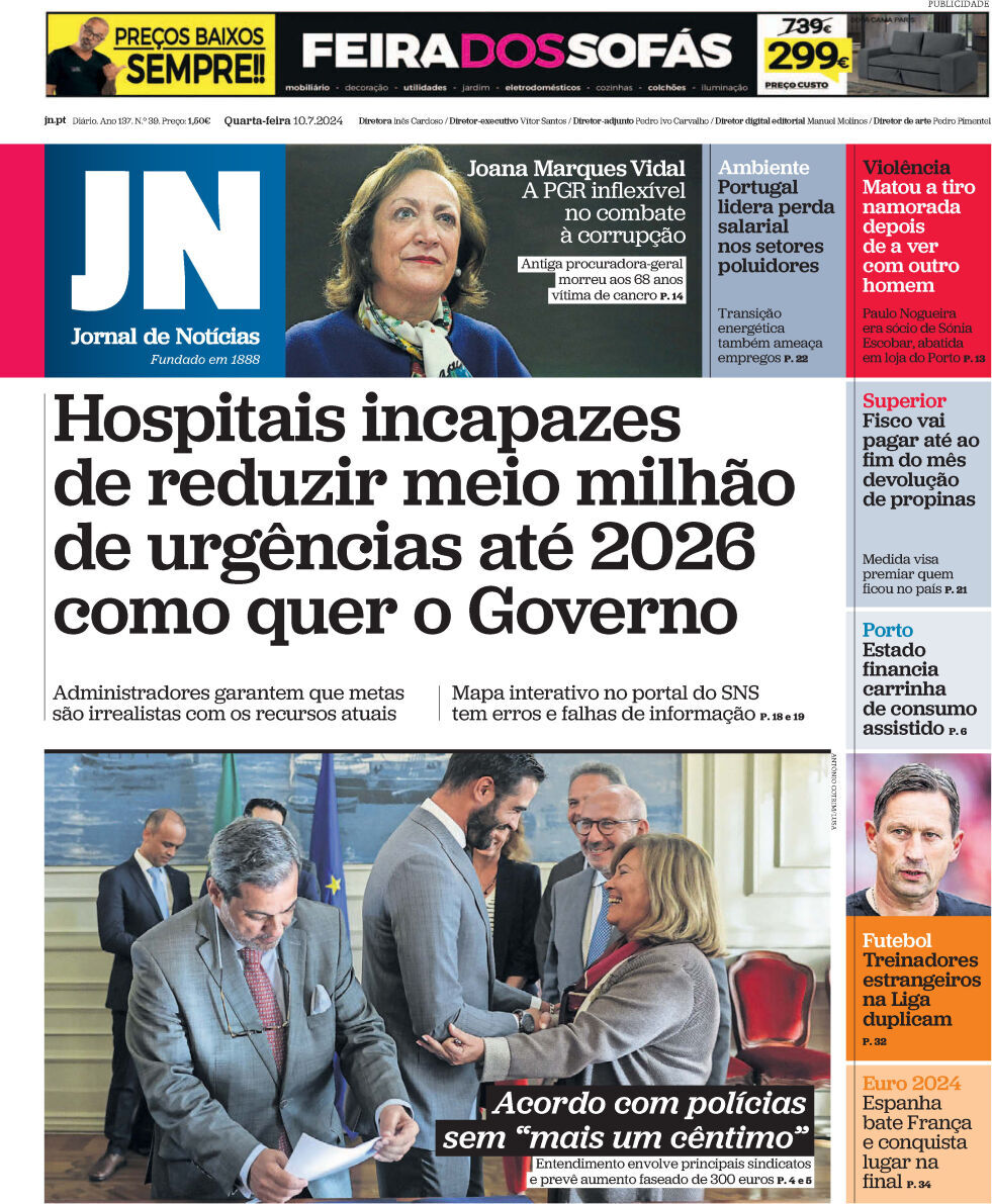 Jornal de Not&iacute;cias: Capa da Edi&ccedil;&atilde;o de quarta-feira, 10 de julho 2024