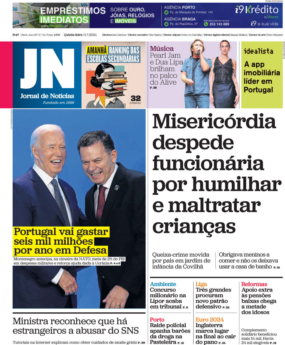 Jornal de Not&iacute;cias: Capa da Edi&ccedil;&atilde;o de quinta-feira, 11 de julho 2024