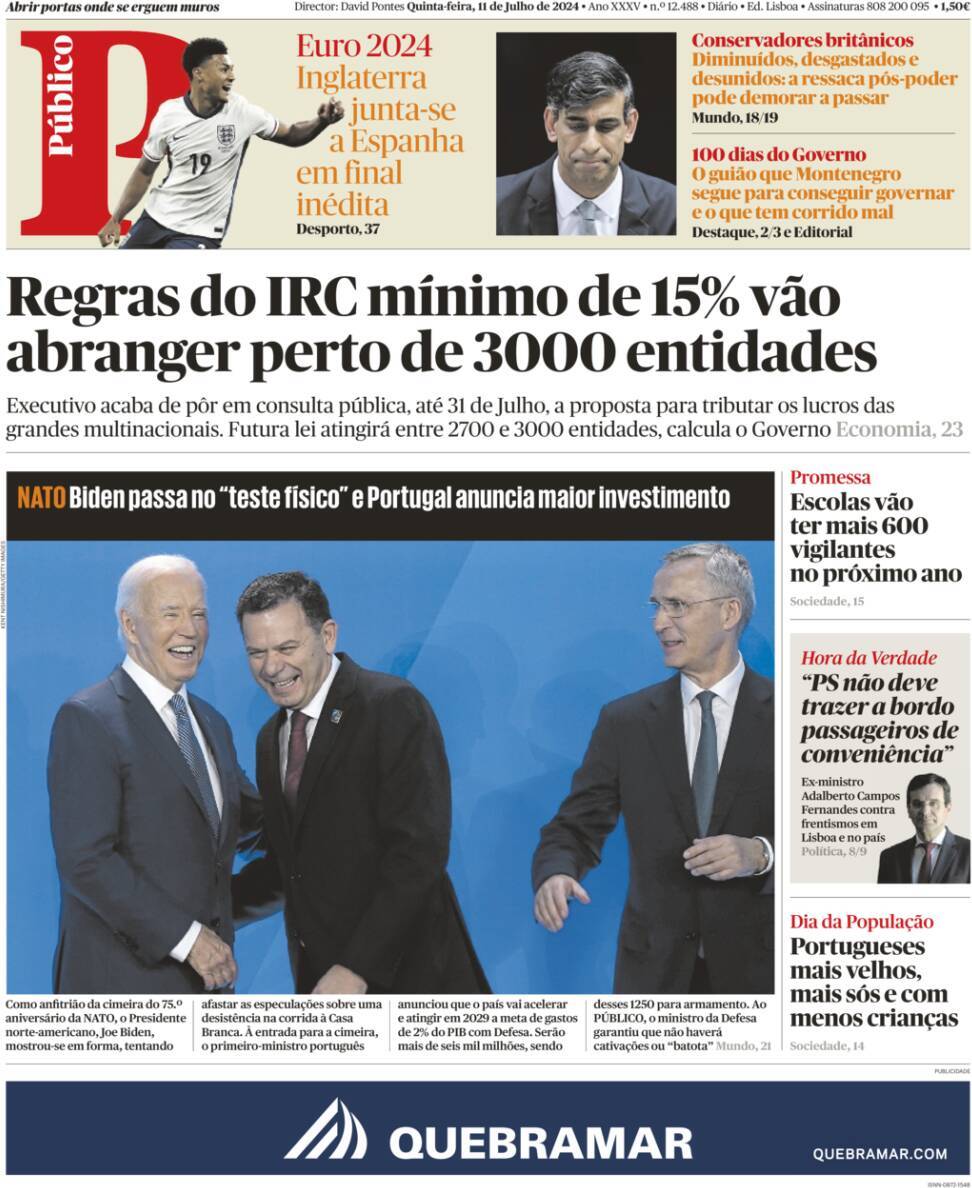 P&uacute;blico: Capa da Edi&ccedil;&atilde;o de quinta-feira, 11 de julho 2024