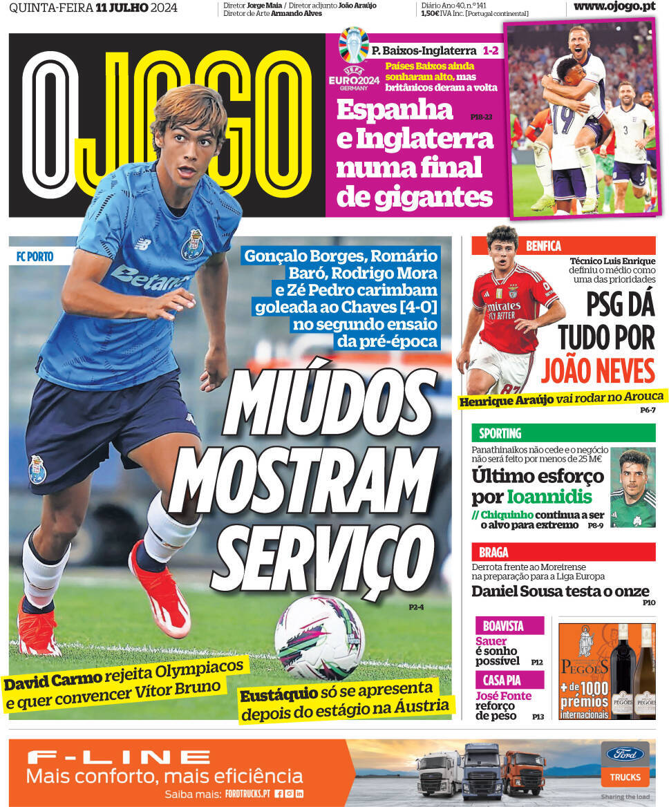 O Jogo: Capa da Edi&ccedil;&atilde;o de quinta-feira, 11 de julho 2024