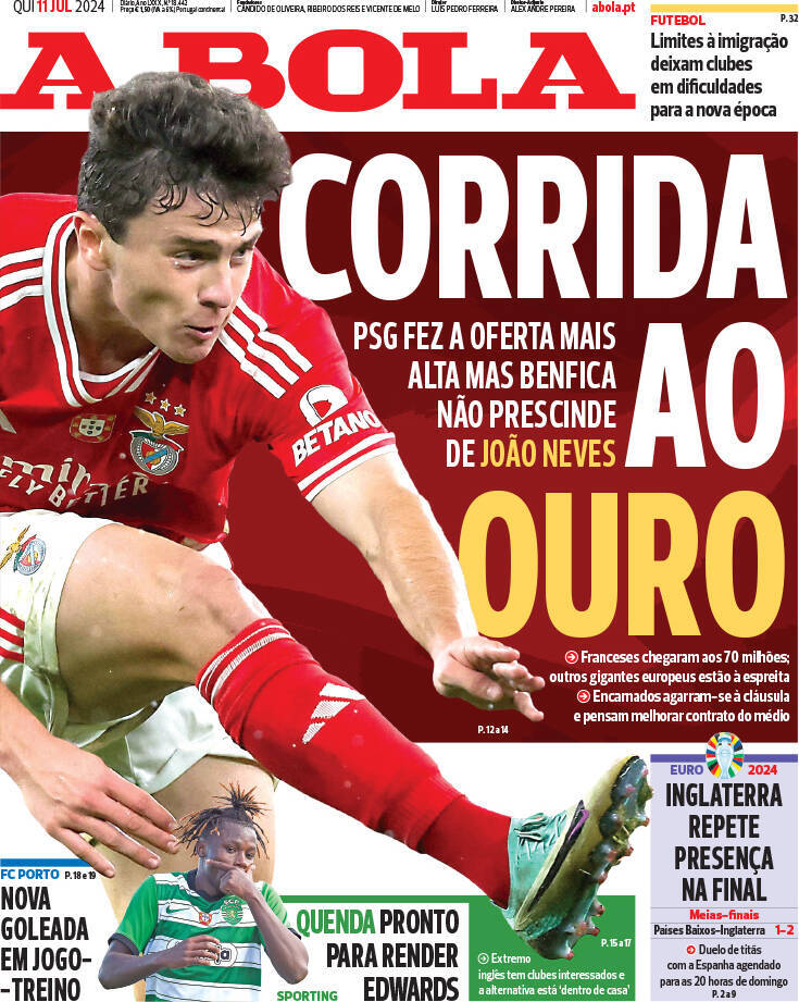 A Bola: Capa da Edi&ccedil;&atilde;o de quinta-feira, 11 de julho 2024