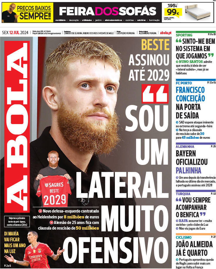 A Bola: Capa da Edi&ccedil;&atilde;o de sexta-feira, 12 de julho 2024