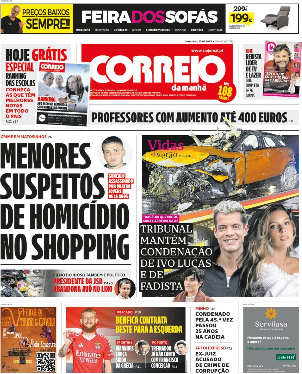 Correio da Manh&atilde;: Capa da Edi&ccedil;&atilde;o de sexta-feira, 12 de julho 2024