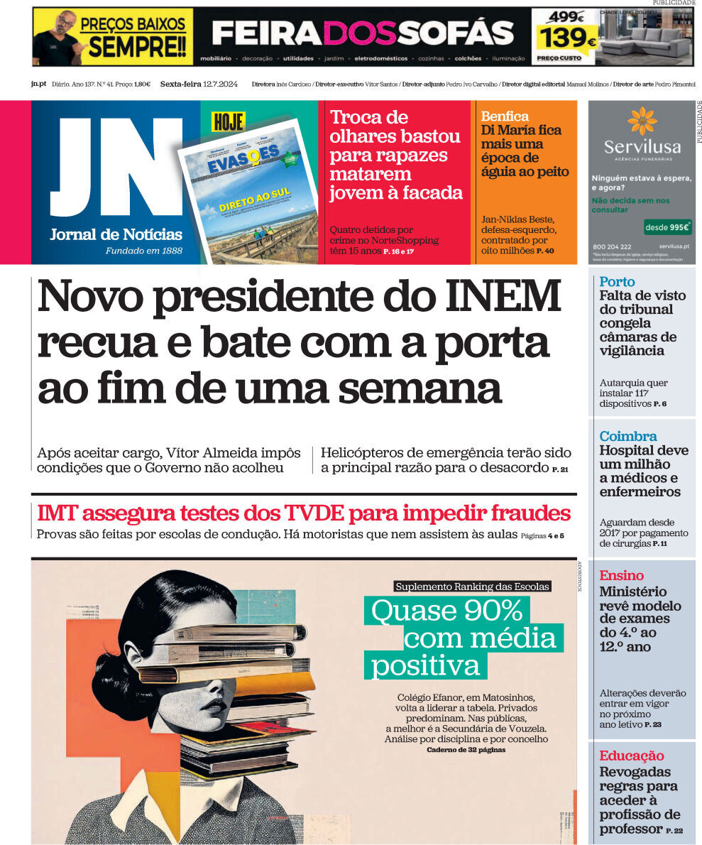 Jornal de Not&iacute;cias: Capa da Edi&ccedil;&atilde;o de sexta-feira, 12 de julho 2024
