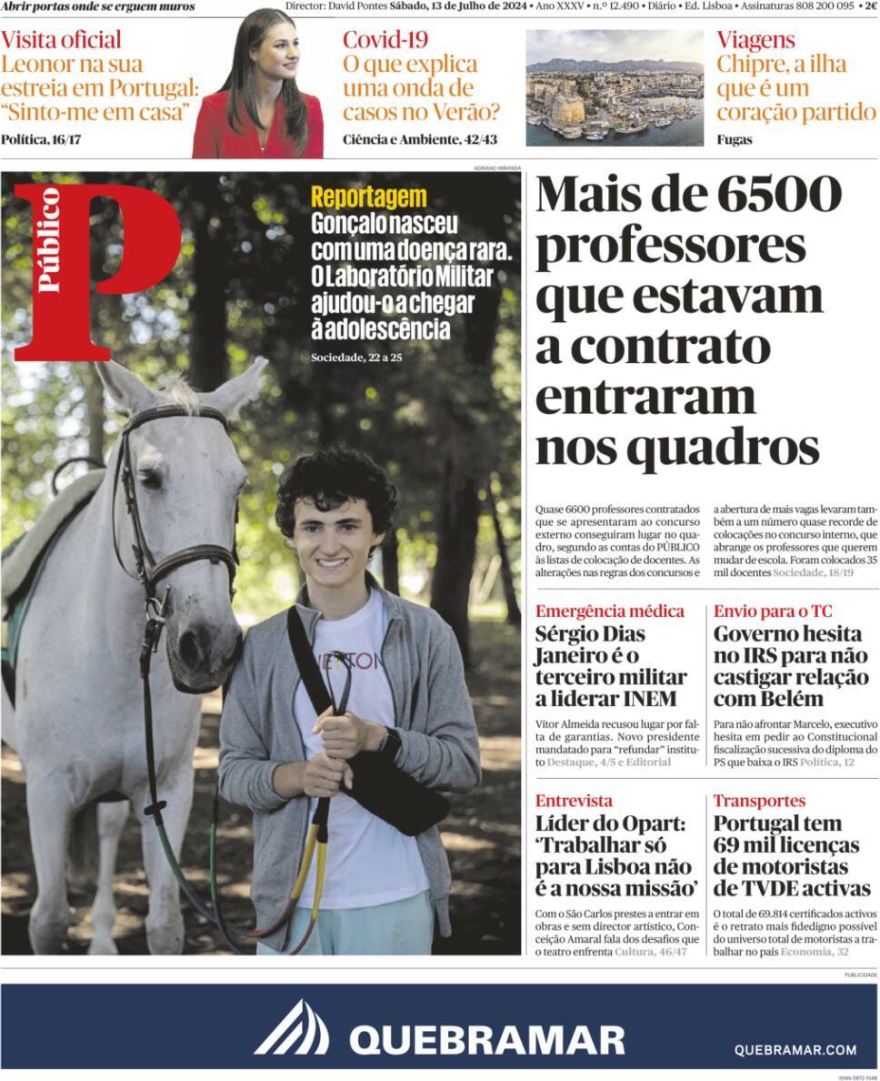 P&uacute;blico: Capa da Edi&ccedil;&atilde;o de s&aacute;bado, 13 de julho 2024