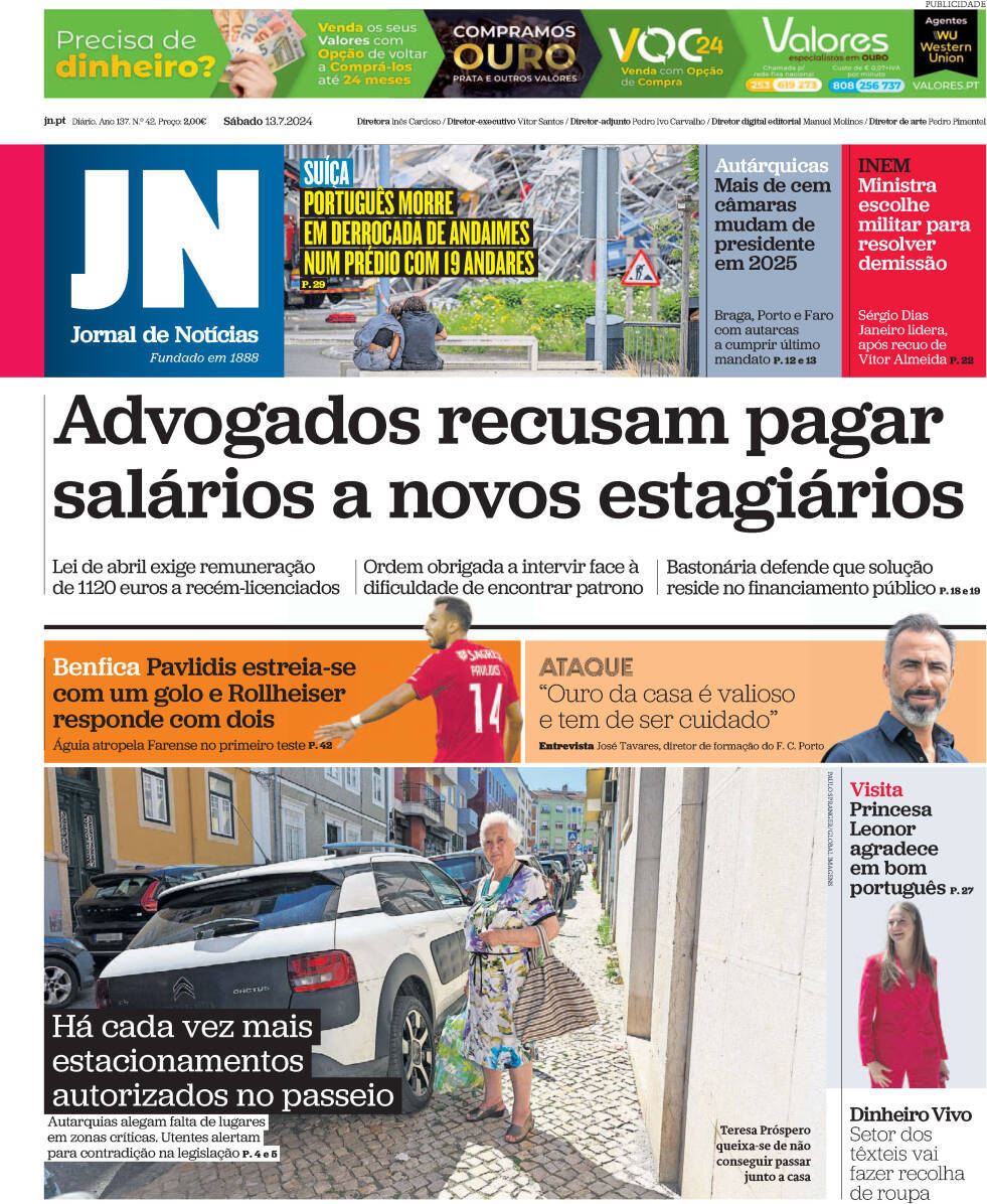 Jornal de Not&iacute;cias: Capa da Edi&ccedil;&atilde;o de s&aacute;bado, 13 de julho 2024