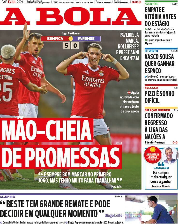 A Bola: Capa da Edi&ccedil;&atilde;o de s&aacute;bado, 13 de julho 2024