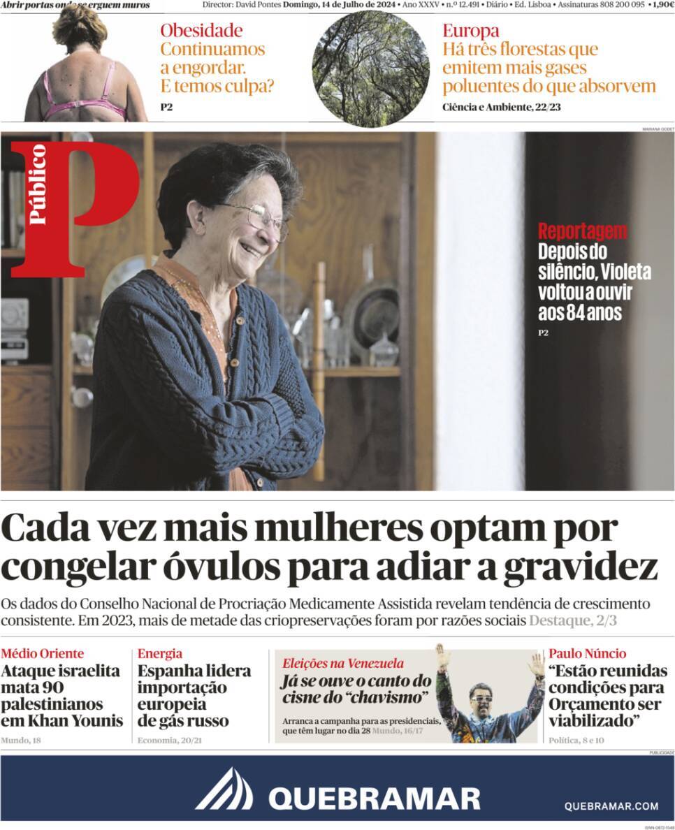 P&uacute;blico: Capa da Edi&ccedil;&atilde;o de domingo, 14 de julho 2024