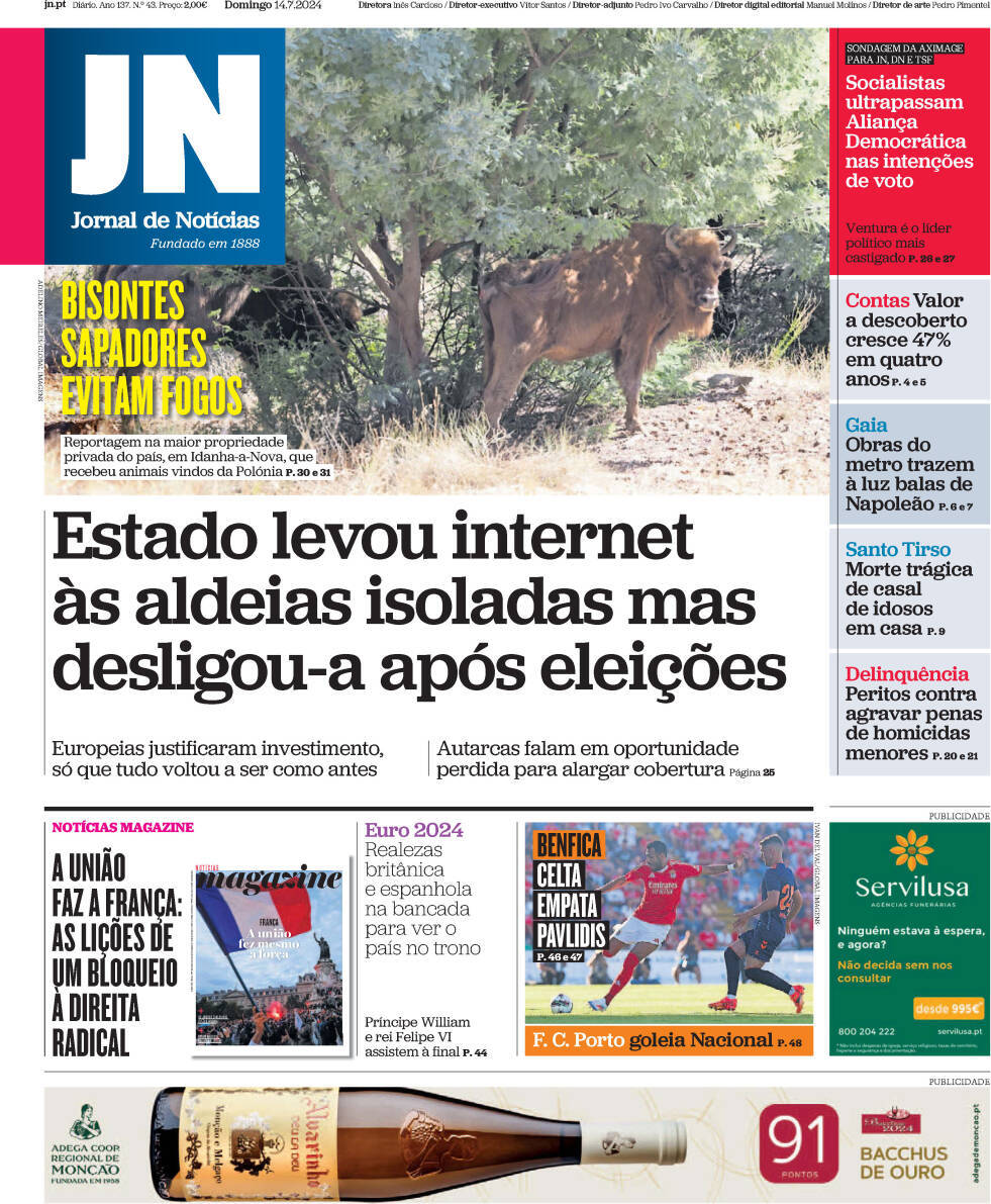 Jornal de Not&iacute;cias: Capa da Edi&ccedil;&atilde;o de domingo, 14 de julho 2024