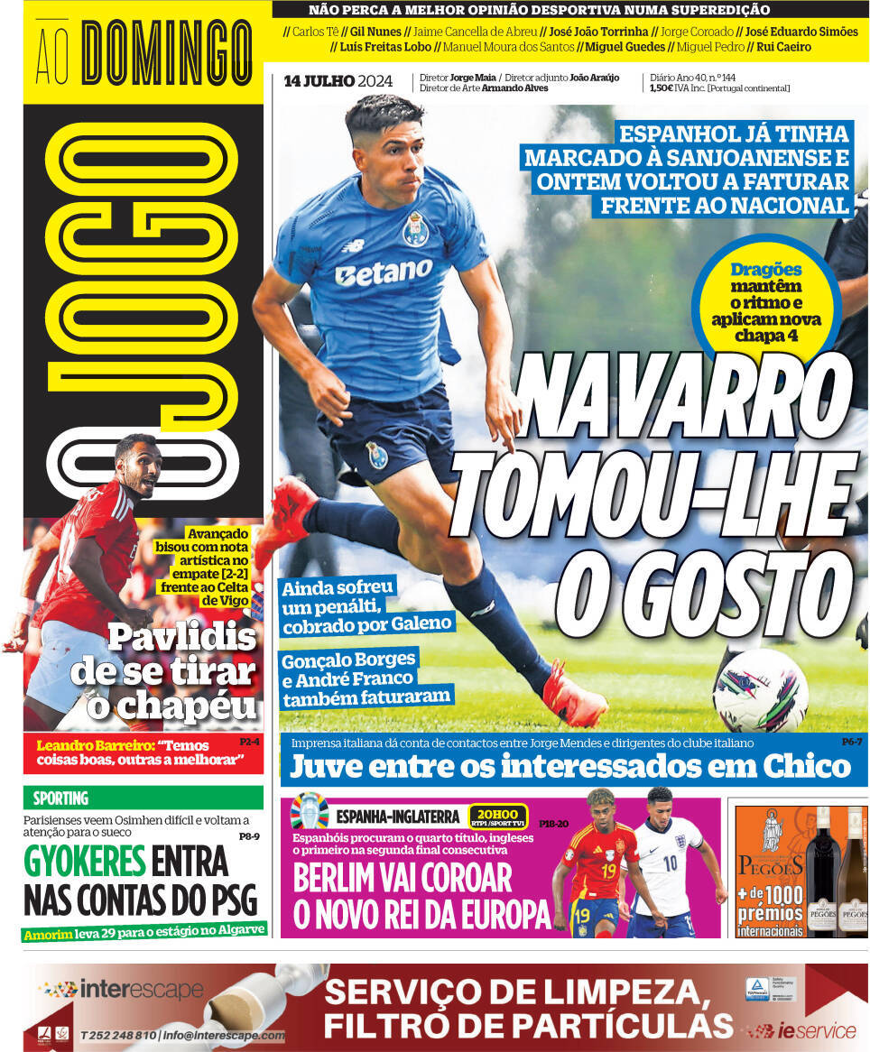 O Jogo: Capa da Edi&ccedil;&atilde;o de domingo, 14 de julho 2024