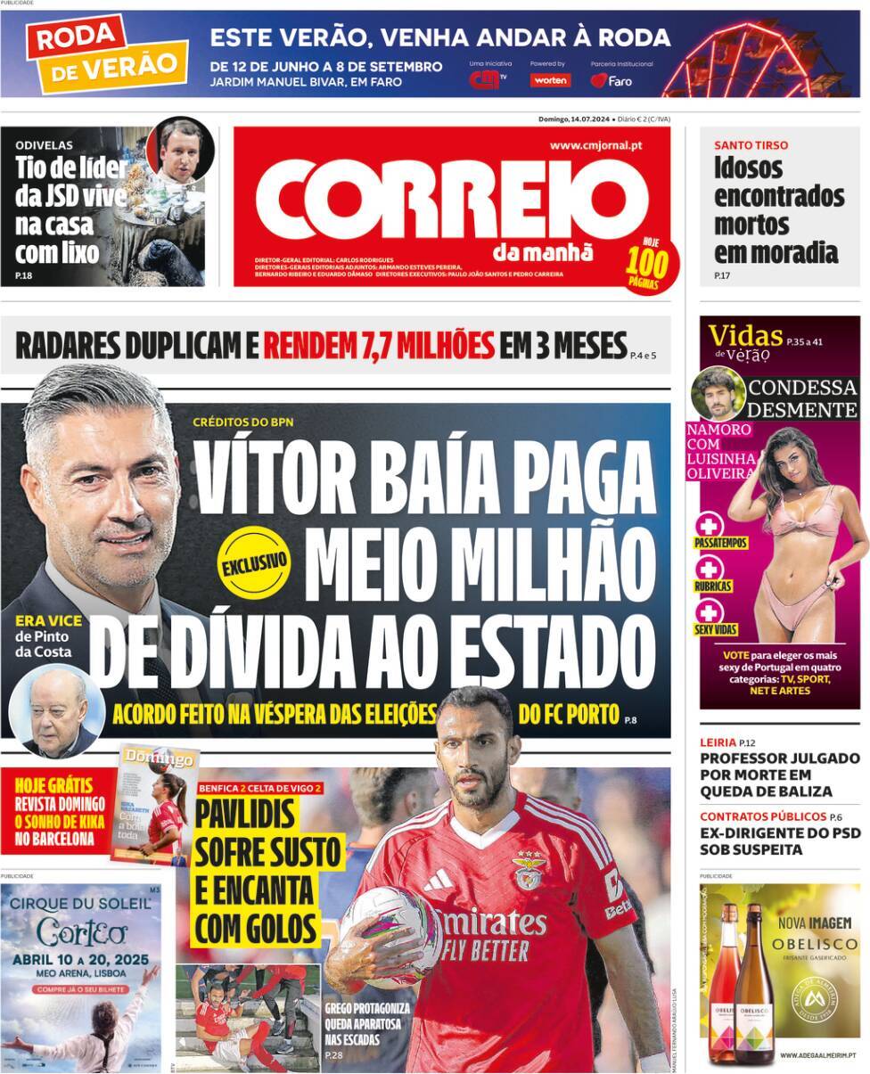 Correio da Manh&atilde;: Capa da Edi&ccedil;&atilde;o de domingo, 14 de julho 2024