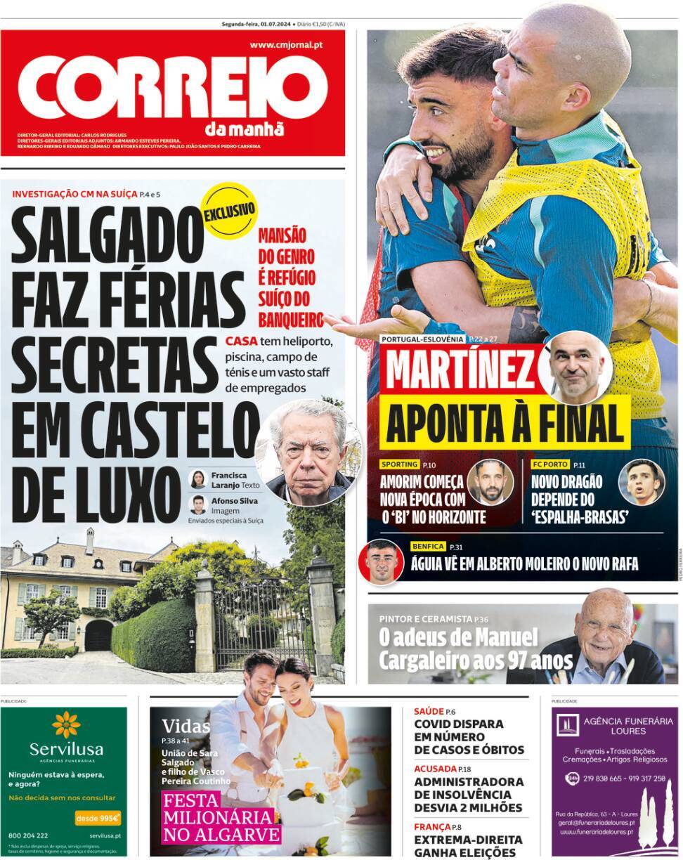 Correio da Manh&atilde;: Capa da Edi&ccedil;&atilde;o de segunda-feira, 01 de julho 2024