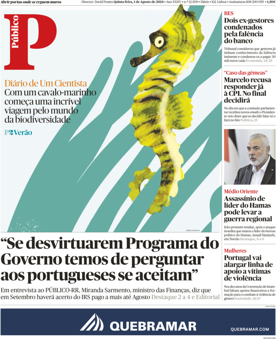 P&uacute;blico: Capa da Edi&ccedil;&atilde;o de quinta-feira, 01 de agosto 2024