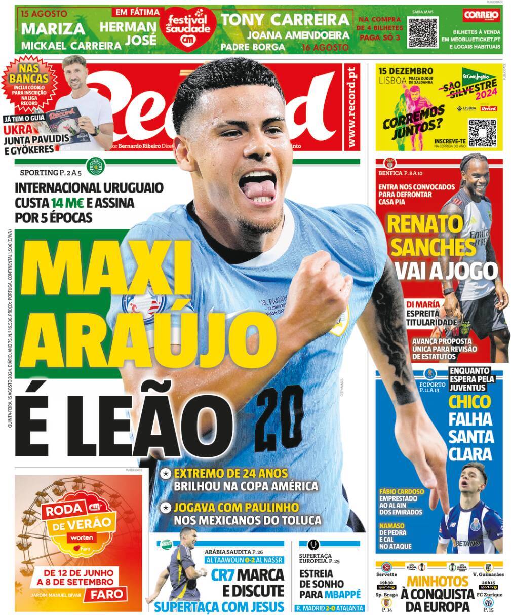 Record: Capa da Edi&ccedil;&atilde;o de quinta-feira, 15 de agosto 2024