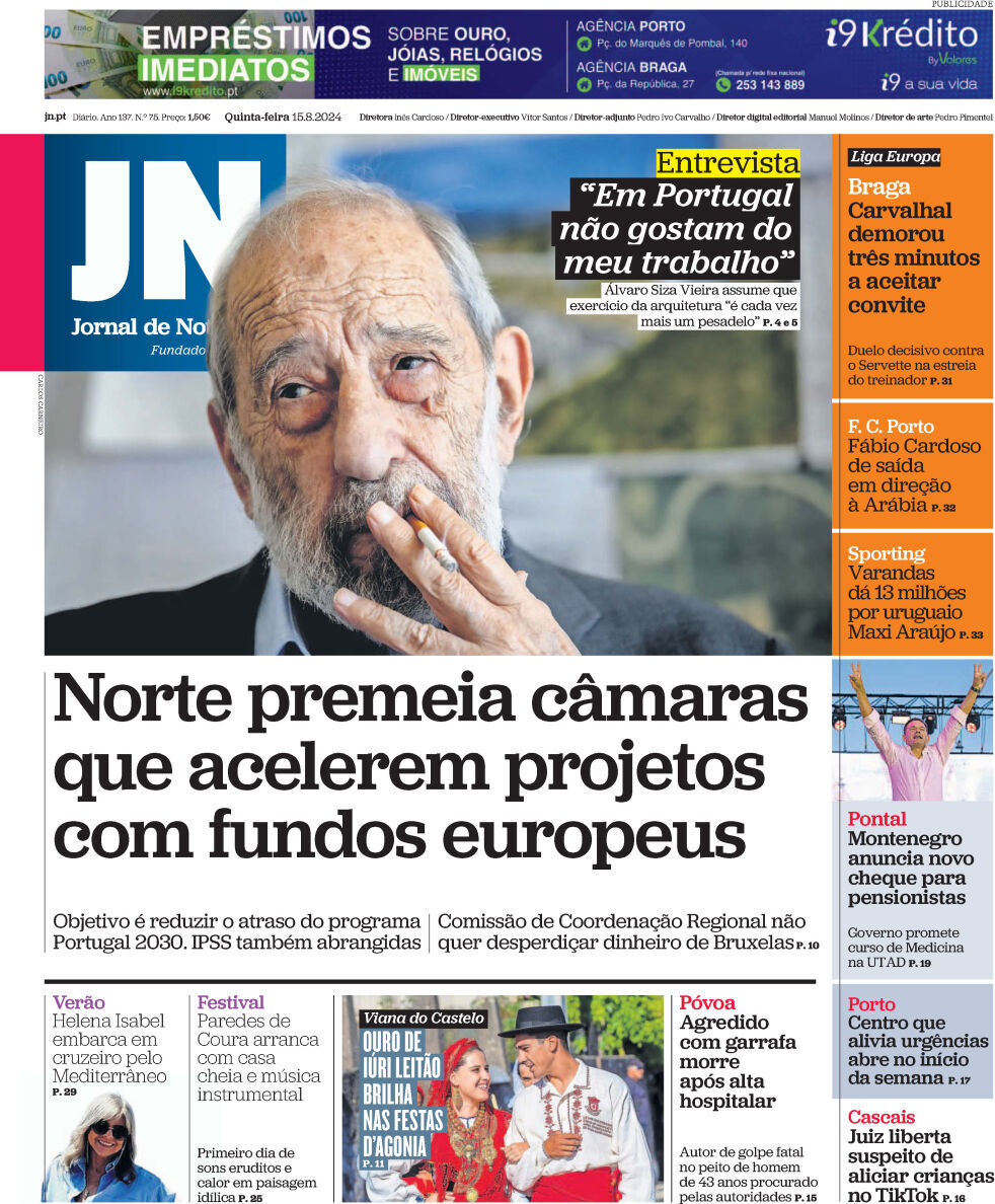 Jornal de Not&iacute;cias: Capa da Edi&ccedil;&atilde;o de quinta-feira, 15 de agosto 2024