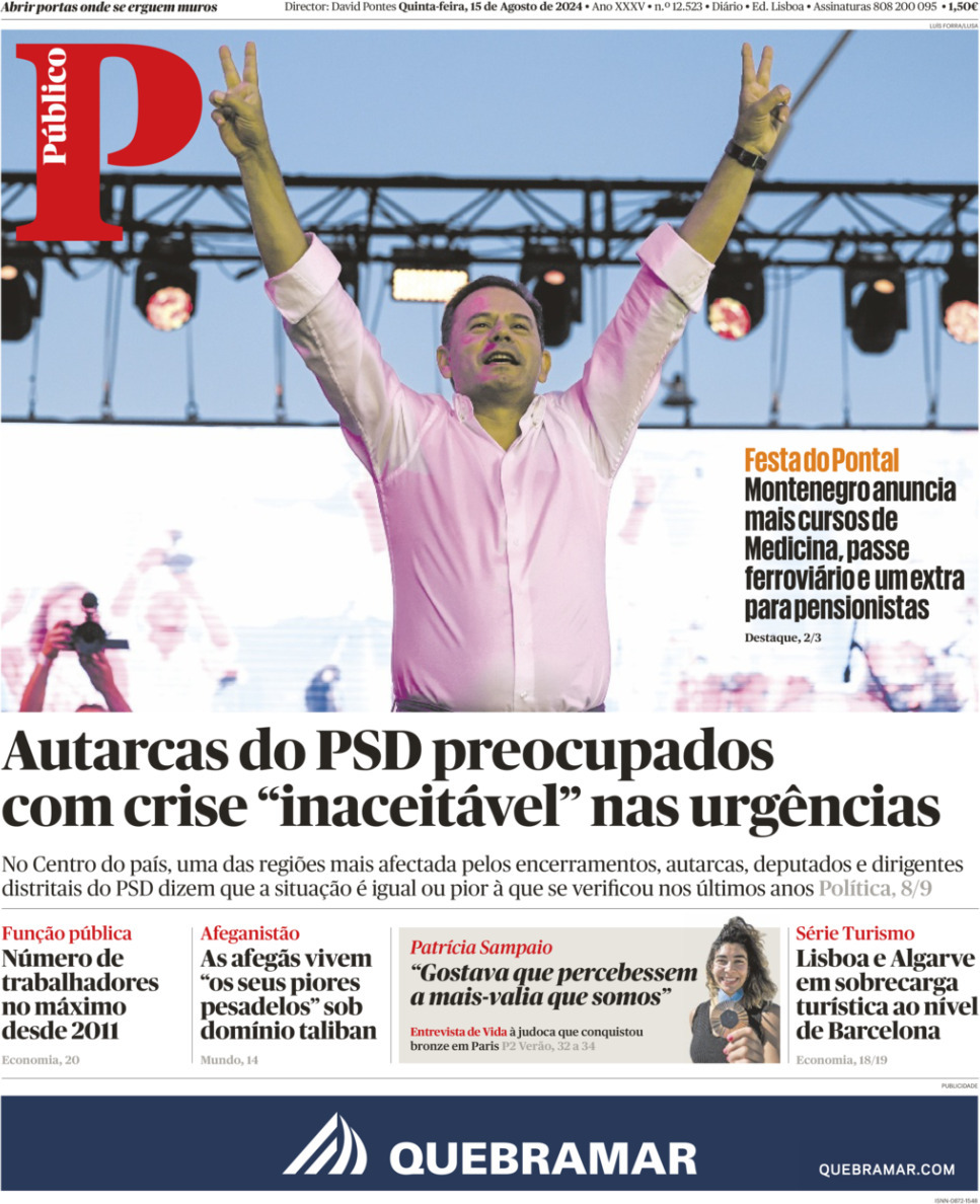 P&uacute;blico: Capa da Edi&ccedil;&atilde;o de quinta-feira, 15 de agosto 2024