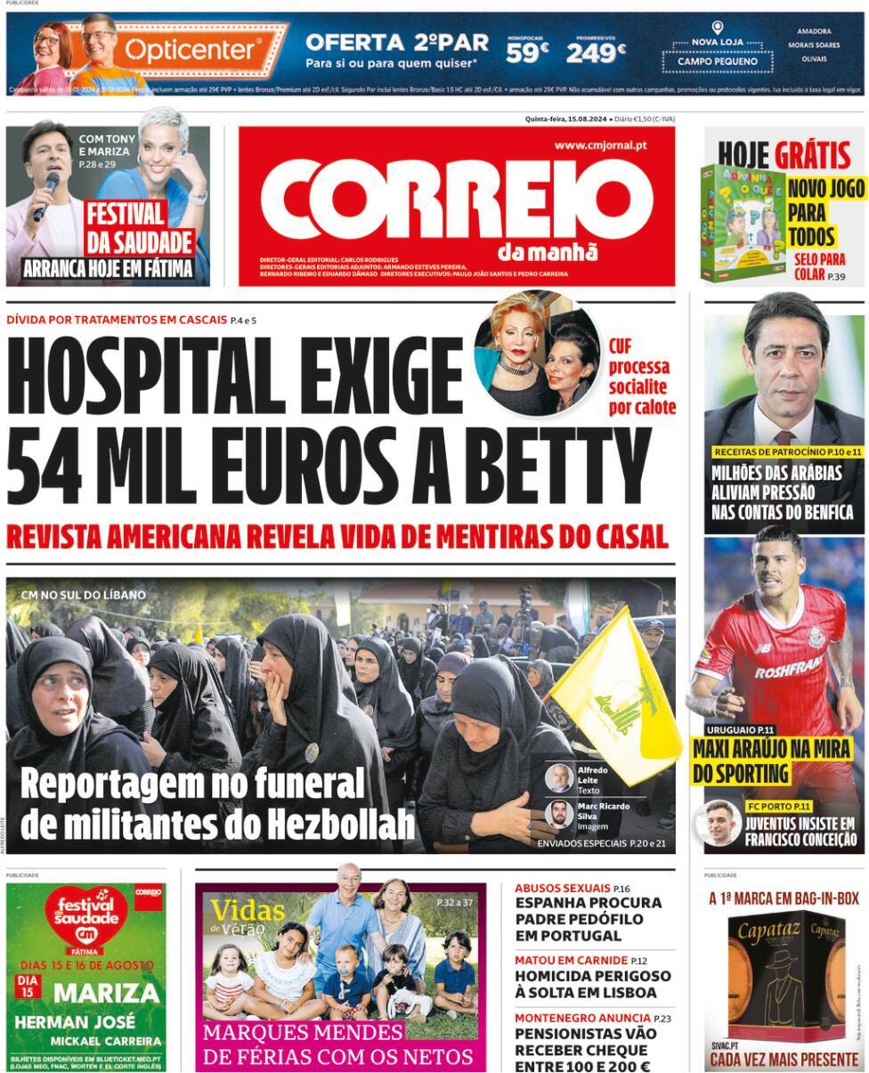 Correio da Manh&atilde;: Capa da Edi&ccedil;&atilde;o de quinta-feira, 15 de agosto 2024