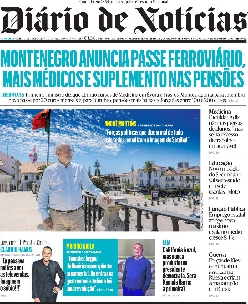 Di&aacute;rio de Not&iacute;cias: Capa da Edi&ccedil;&atilde;o de quinta-feira, 15 de agosto 2024