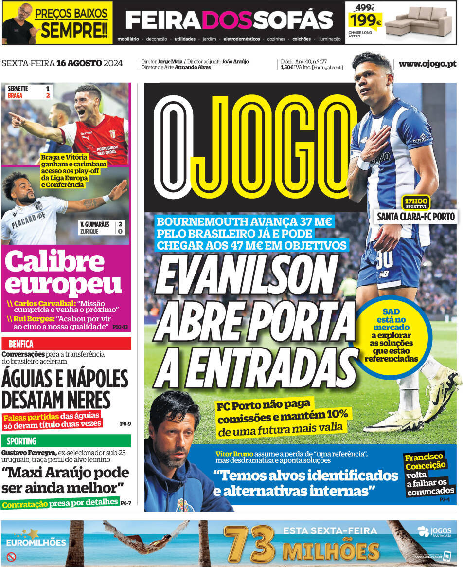 O Jogo: Capa da Edi&ccedil;&atilde;o de sexta-feira, 16 de agosto 2024