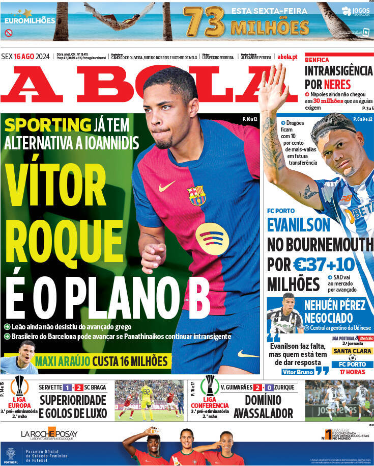 A Bola: Capa da Edi&ccedil;&atilde;o de sexta-feira, 16 de agosto 2024