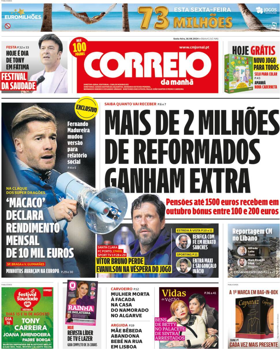 Correio da Manh&atilde;: Capa da Edi&ccedil;&atilde;o de sexta-feira, 16 de agosto 2024