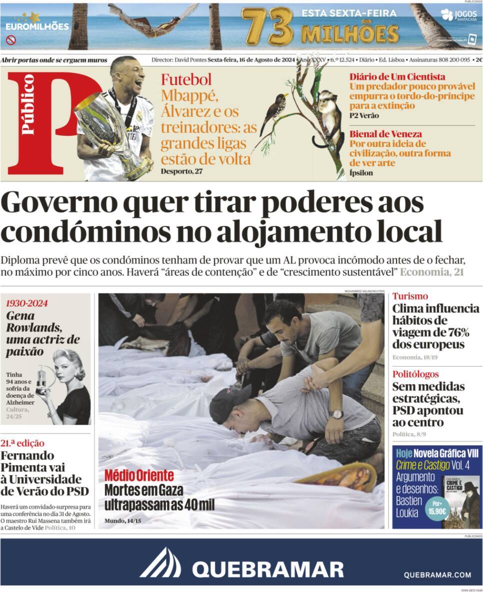 P&uacute;blico: Capa da Edi&ccedil;&atilde;o de sexta-feira, 16 de agosto 2024
