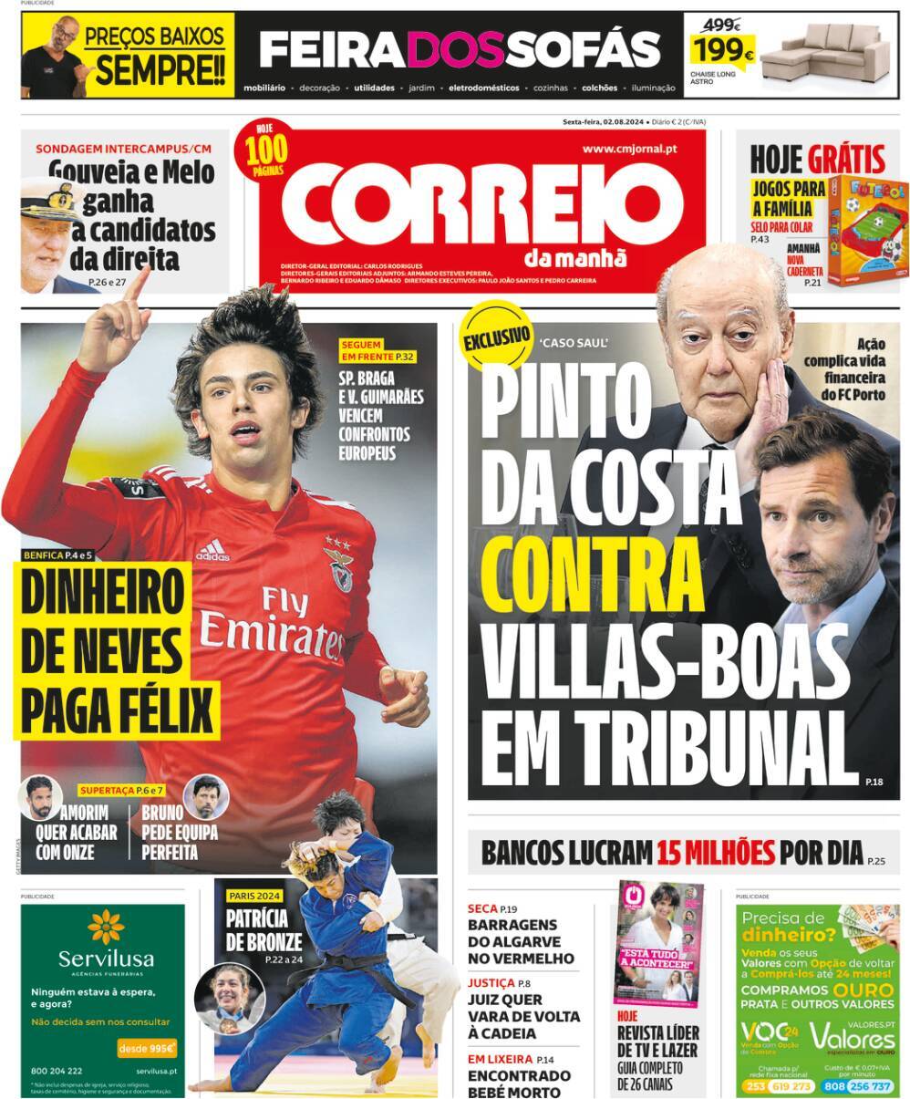 Correio da Manh&atilde;: Capa da Edi&ccedil;&atilde;o de sexta-feira, 02 de agosto 2024
