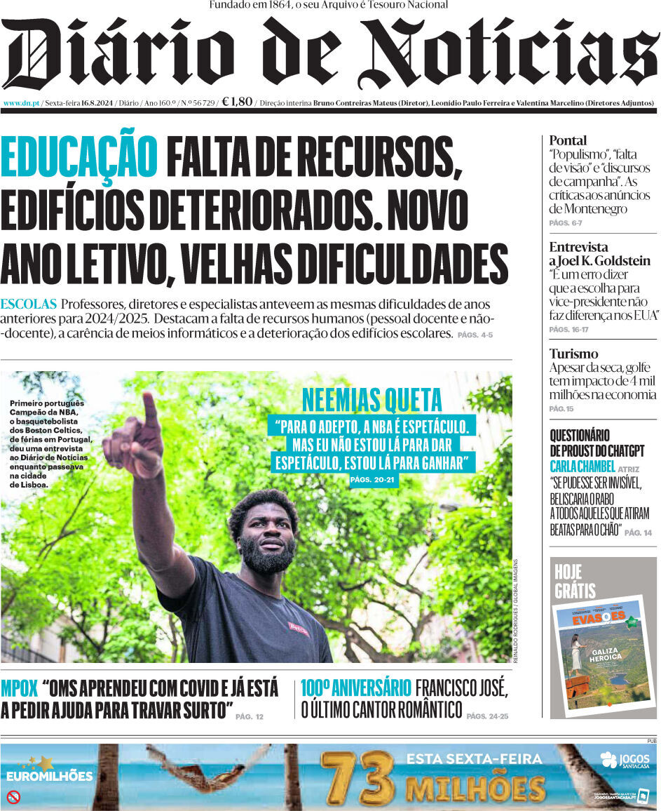 Di&aacute;rio de Not&iacute;cias: Capa da Edi&ccedil;&atilde;o de sexta-feira, 16 de agosto 2024