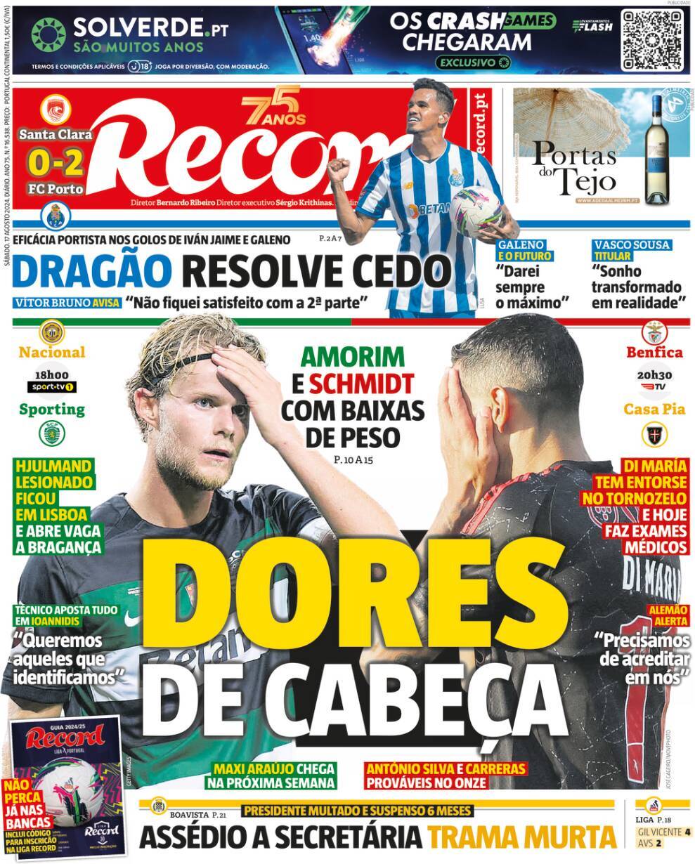 Jornal de Not&iacute;cias: Capa da Edi&ccedil;&atilde;o de s&aacute;bado, 17 de agosto 2024