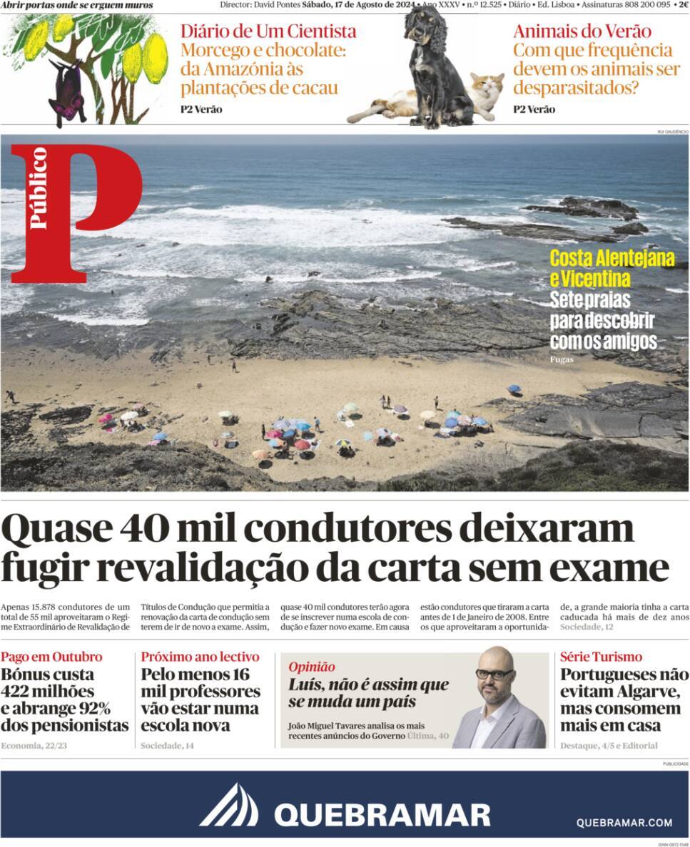 P&uacute;blico: Capa da Edi&ccedil;&atilde;o de s&aacute;bado, 17 de agosto 2024