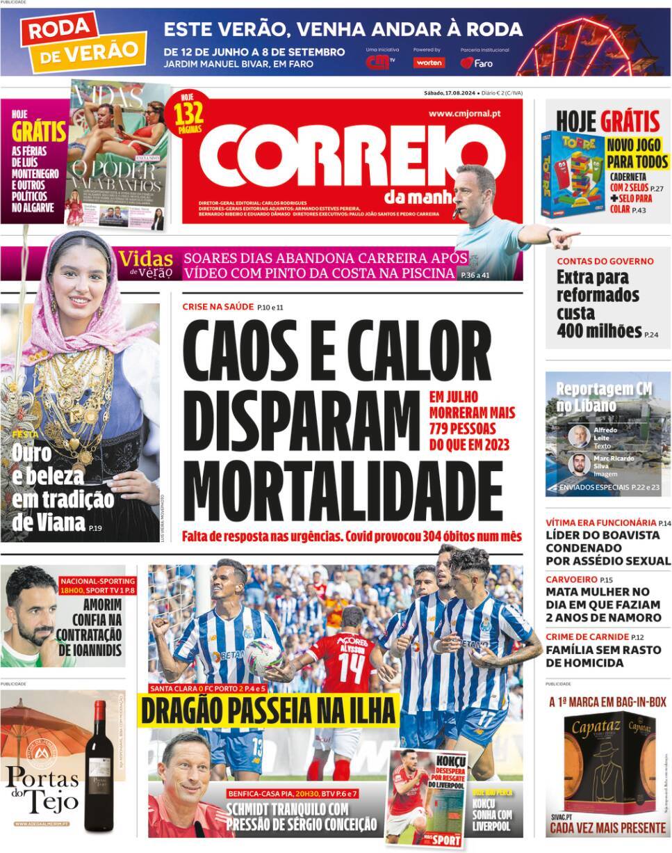 Correio da Manh&atilde;: Capa da Edi&ccedil;&atilde;o de s&aacute;bado, 17 de agosto 2024
