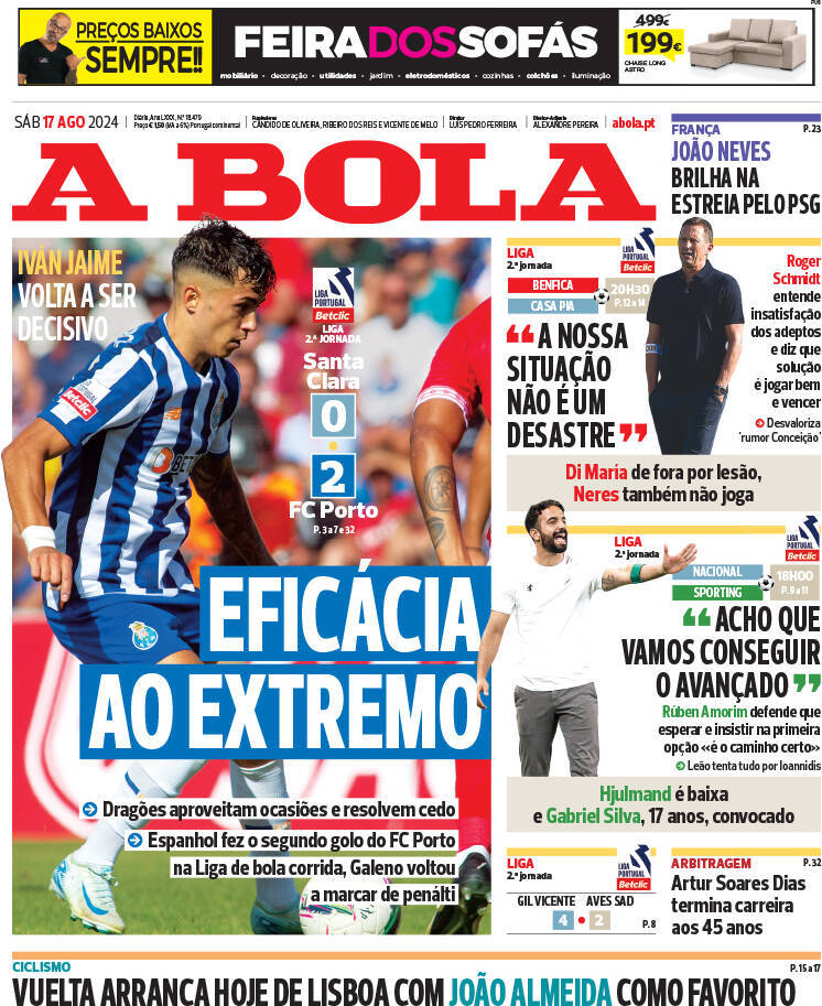 A Bola: Capa da Edi&ccedil;&atilde;o de s&aacute;bado, 17 de agosto 2024