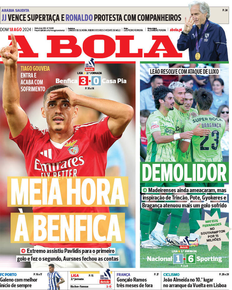 A Bola: Capa da Edi&ccedil;&atilde;o de domingo, 18 de agosto 2024