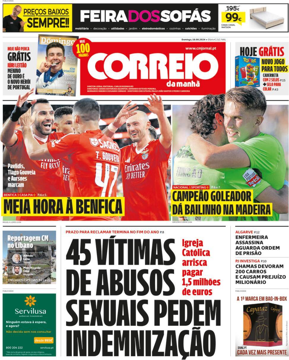 Correio da Manh&atilde;: Capa da Edi&ccedil;&atilde;o de domingo, 18 de agosto 2024