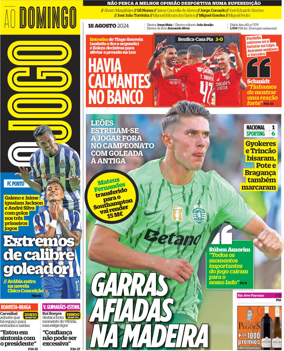 O Jogo: Capa da Edi&ccedil;&atilde;o de domingo, 18 de agosto 2024