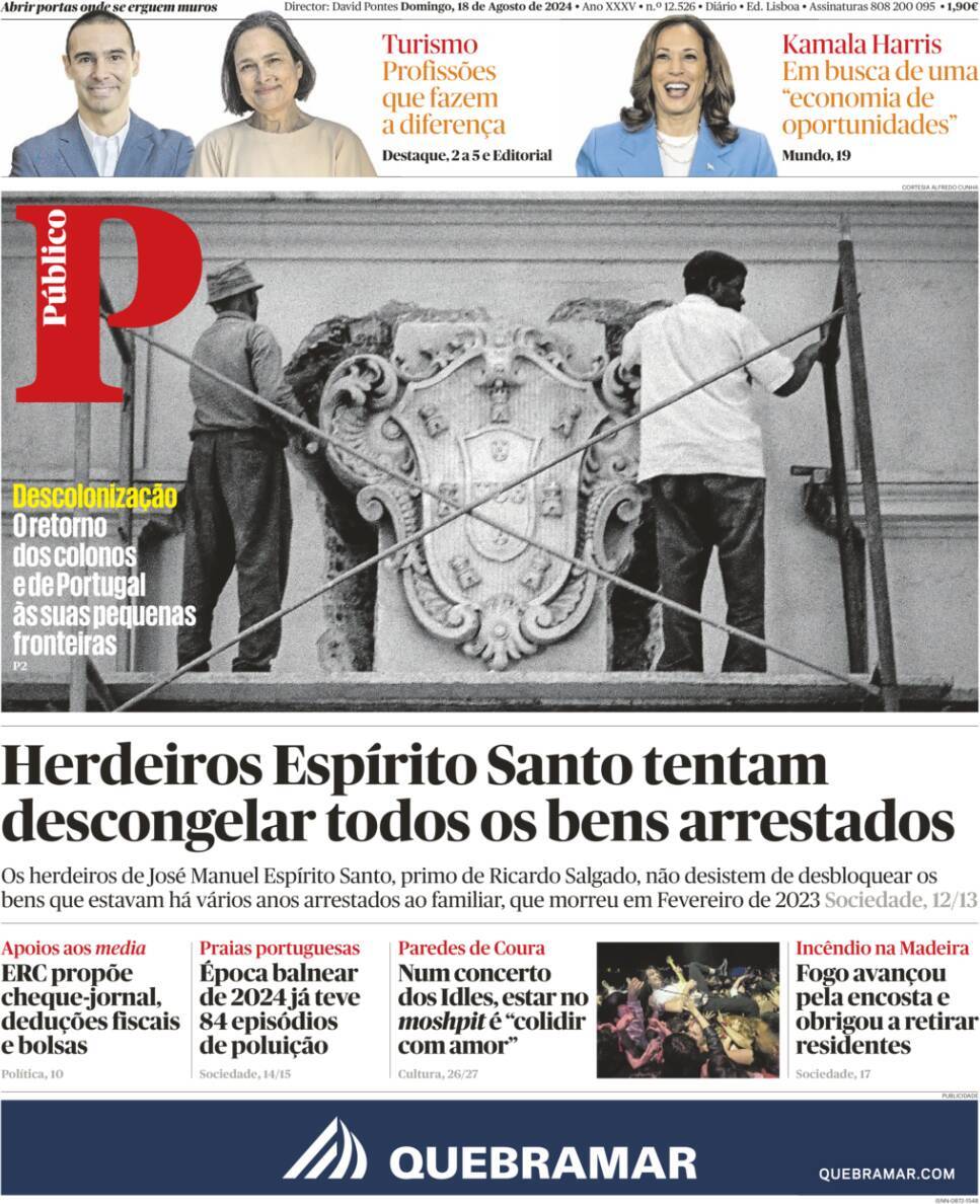 P&uacute;blico: Capa da Edi&ccedil;&atilde;o de domingo, 18 de agosto 2024